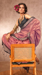 Peach Pink & Black Handloom Bhagalpuri Raw Silk Saree